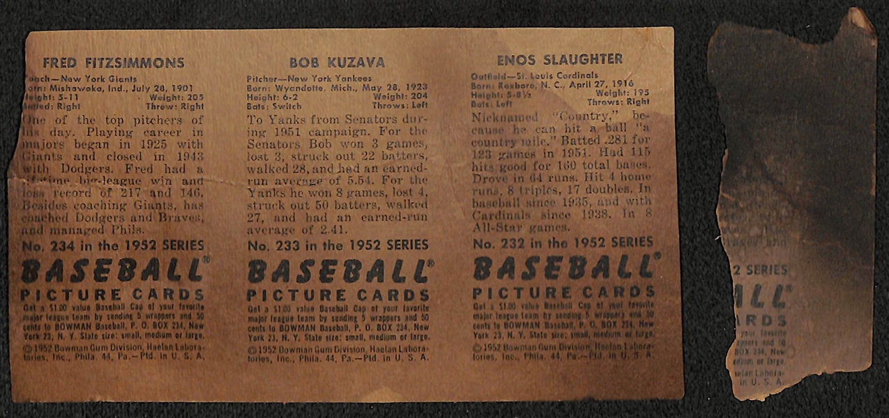 Very Rare 1952 Bowman Baseball Card Uncut Sheet Section (3 cards shown w/ Enos Slaughter)