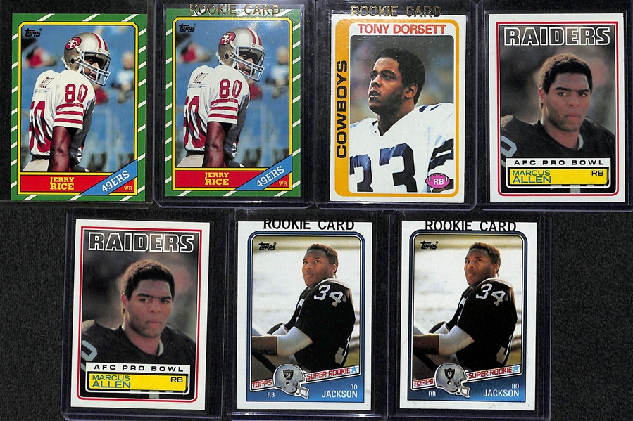 Lot of 7 Football Card Rookies (2 Jerry Rice, Tony Dorsett, 2 Bo Jackson, 2 Marcus Allen)