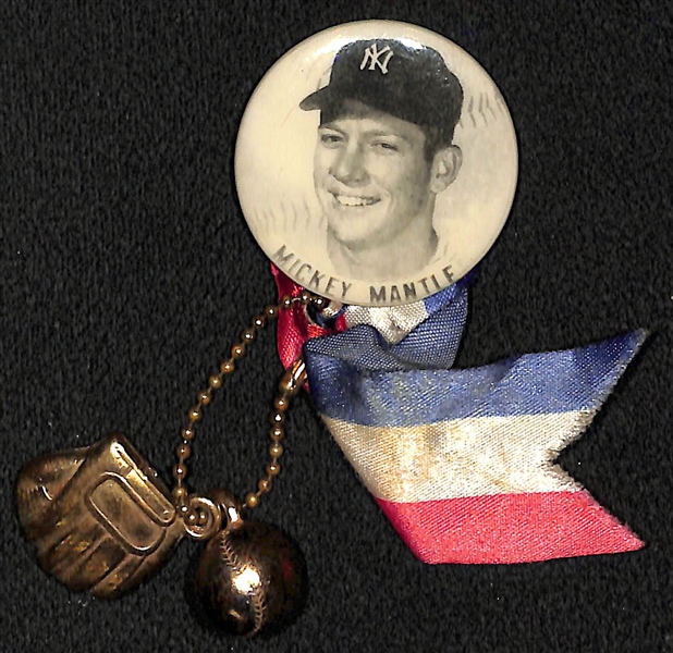 1950s PM10 Mickey Mantle Pin with Ribbon, Baseball & Glove Chain - Complete