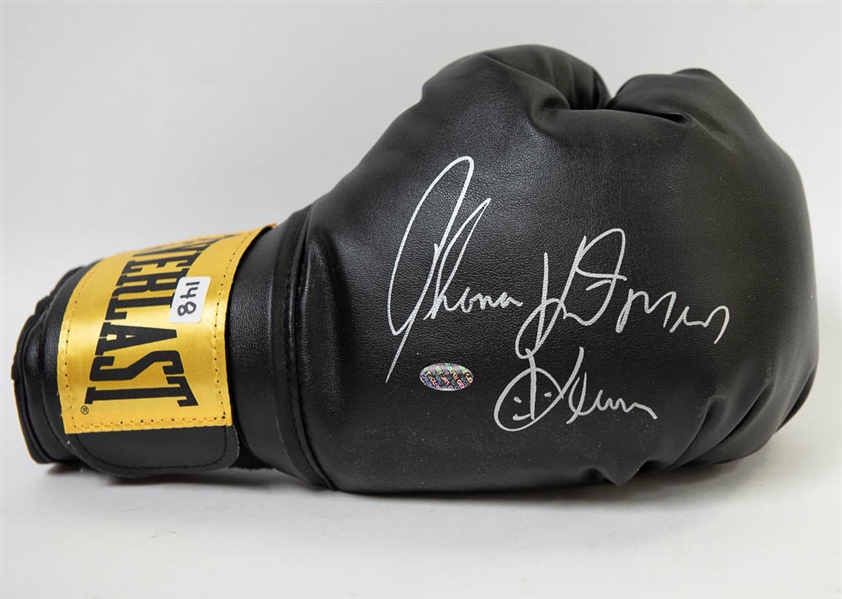Tommy Hit Man Hearns Signed Boxing Glove (Leaf COA)