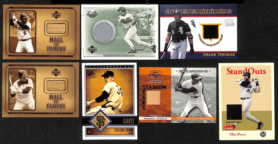 Lot of (34) Certified Baseball Relic Cards (Includes HOFers: Bench, Piazza, Fisk, Frank Thomas, Sandberg, Perry)