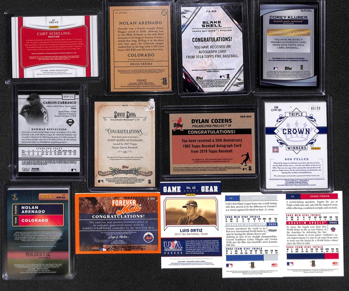 Lot of (13) Baseball Autograph & Jersey/Bat Cards (Autos inc. Schilling, Arenado, Snell, Kluber, Dahl, +)