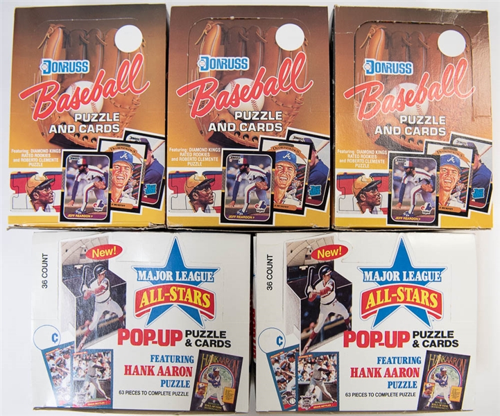 Lot of 3 1987 Donruss Wax Boxes & 2 1986 Donruss Pop-Up All Stars Boxes