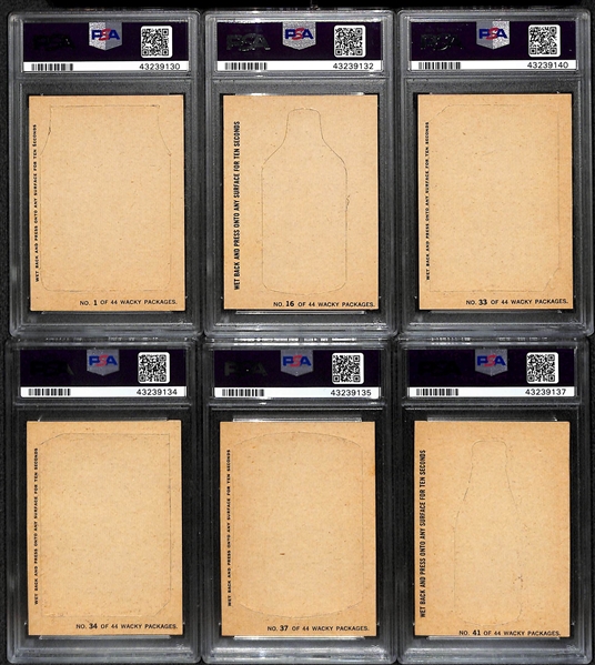 1967 Topps Wacky Pack Die Cut 44 Card Set Including 6 PSA Graded Cards (PSA 6.5-8) w. #34 Duzn't Do Nuthin' PSA 8