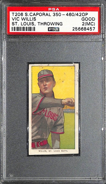 1909-11 T206 Sweet Caporal Vic Willis Throwing, 350-460 Subjects w. Miscut Back & 2 Factory Numbers - PSA 2