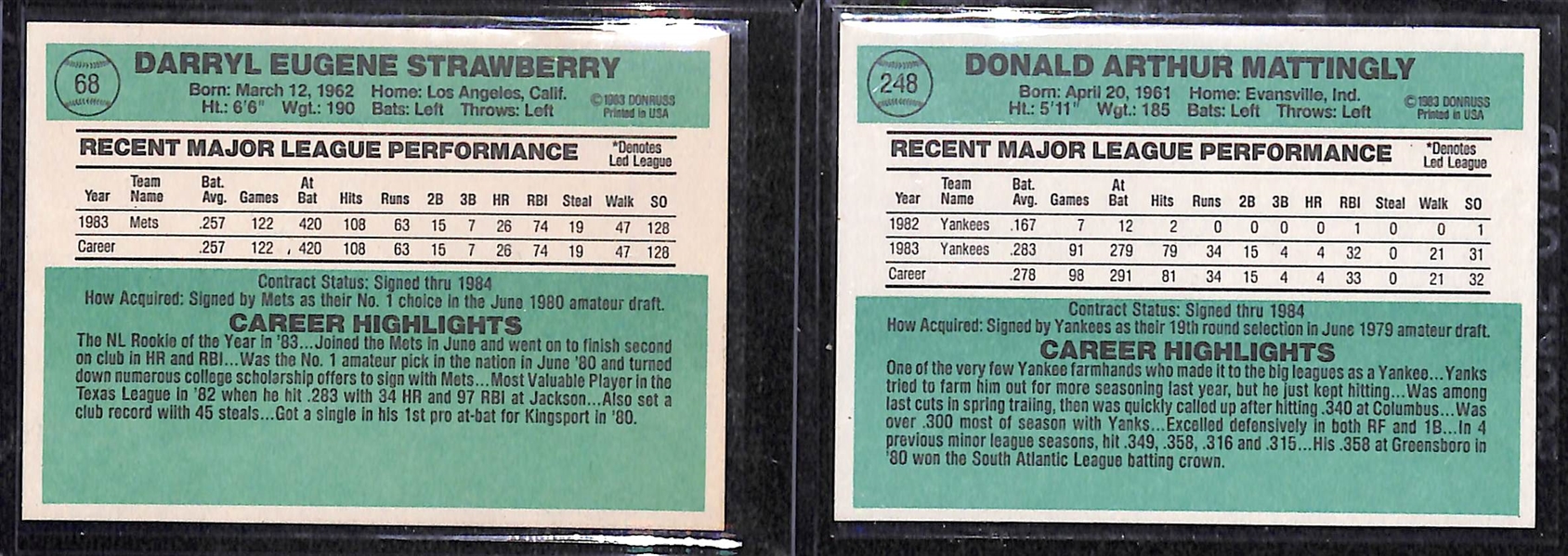 1984 Donruss Baseball Set w. Don Mattingly & Darryl Strawberry Rookie Cards