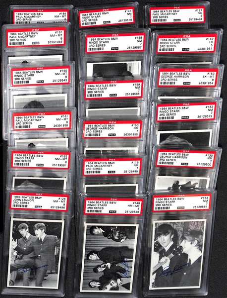 Lot of (18) PSA Graded 1964 Beatles B&W 3rd Series Cards - All Pack-Fresh w/ (7) PSA 8 NM-Mint, (8) PSA 7 NM, and (3) PSA 6 or Lower.