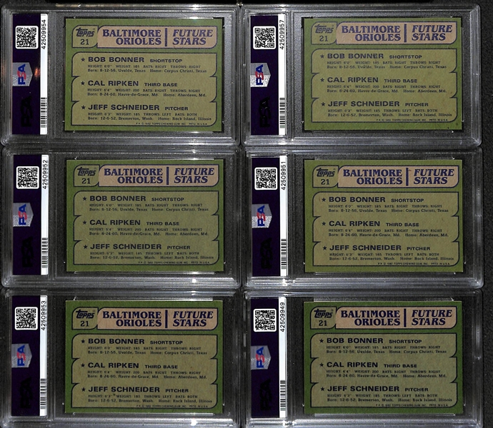 Lot of (6) Topps 1982 Cal Ripken (#21) Orioles Future Stars Graded Rookie Cards (Inc. 1 PSA 8 and 2 PSA 7)