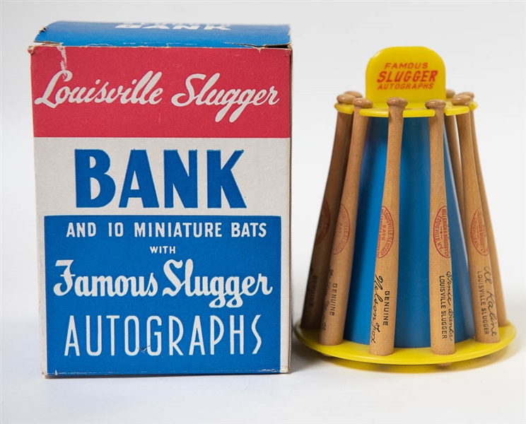 Early 1960s Louisville Famous Slugger Bank & 10 Miniature Bats & Original Box w. Mantle