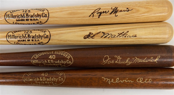 Lot of 4 Vintage Mini Souvenir Louisville Slugger Bats - Roger Maris, Ed Mathews, Mel Ott, & Joe Ducky Medwick