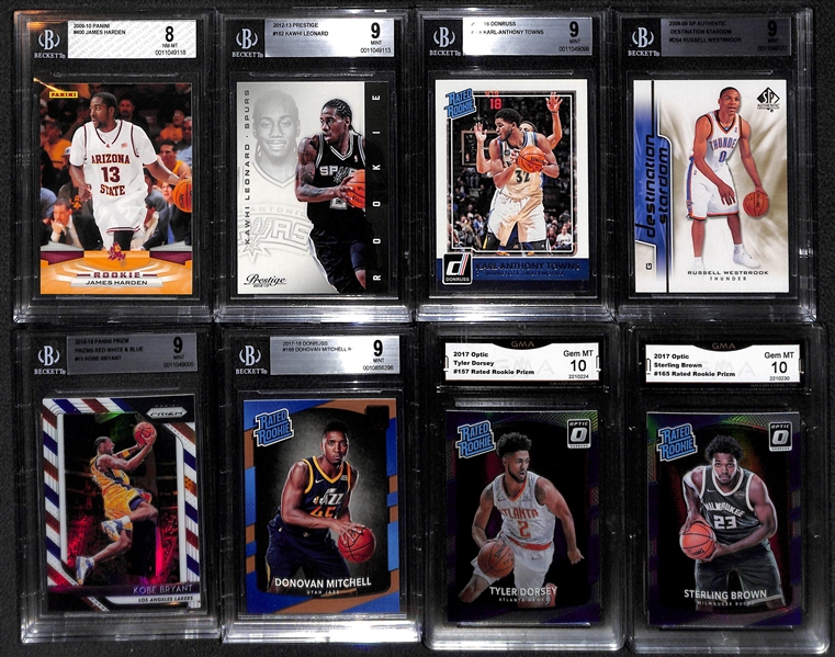Lot of (8) Graded Basketball Cards inc. Rookies of James Harden, Kawhi Leonard, Russell Westbrook, Karl-Anthony Towns, Donovan Mitchell, and a Prizm R/W/B Kobe Bryant, +