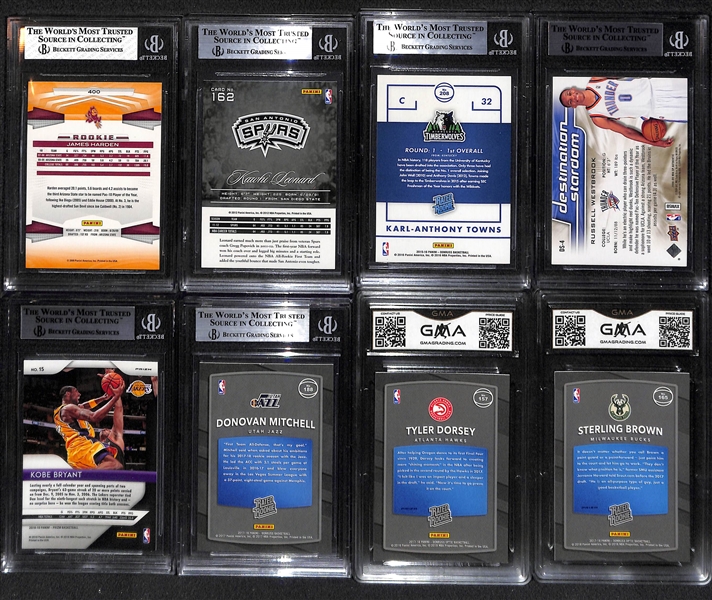 Lot of (8) Graded Basketball Cards inc. Rookies of James Harden, Kawhi Leonard, Russell Westbrook, Karl-Anthony Towns, Donovan Mitchell, and a Prizm R/W/B Kobe Bryant, +