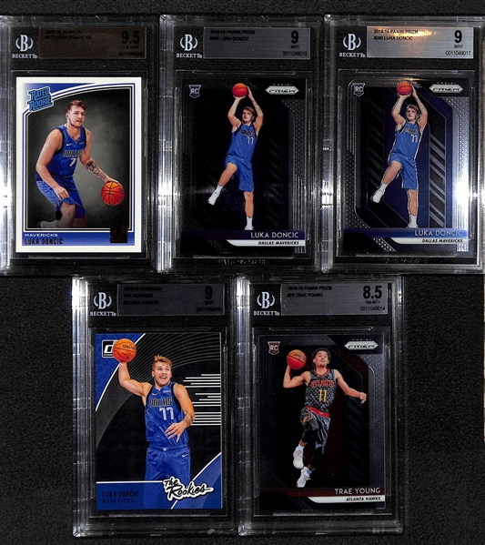 2018-19 Luka Doncic & Trae Young Rookie Lot (5 Cards) w/ Doncic Rated Rookie BGS 9.5 and (2) Doncic Prizm BGS 9 Cards