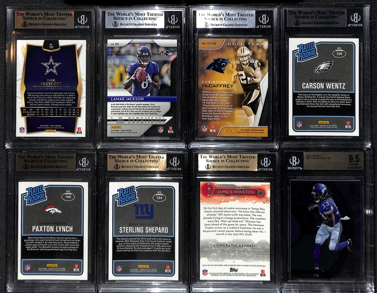 Lot of (8) Football Rookie Graded Cards (5 Graded Gem Mint!) - Includes C. Wentz, D. Prescott, C. McCaffrey, Lamar Jackson, +