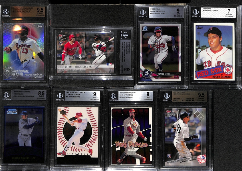 Lot of (8) Graded Baseball Cards w/ Chrome Update Acuna BGS 9.5 Rookie, Topps Now Aaron Judge BGS 9.5 Rookie, plus R. Clemens, M. McGwire, +