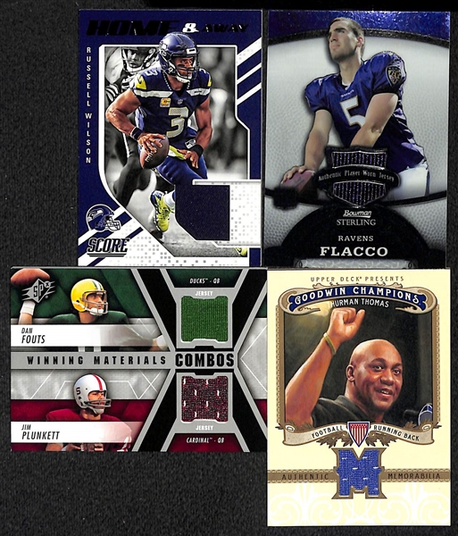 Lot of (35) Certified Football Jersey Relic Cards (Includes Russell Wilson, Flacco, Fouts, Plunkett, Thurman Thomas, + many more)