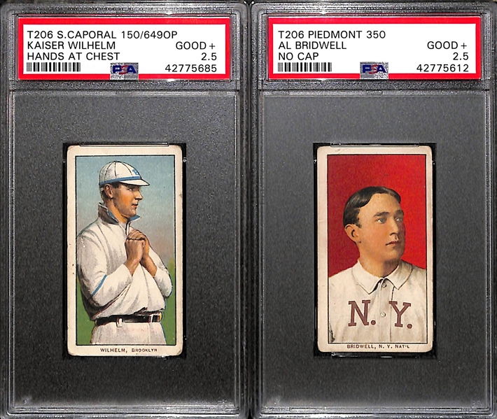 Lot of 2 1909 T206 Cards PSA 2.5 - Kaiser Wilhelm Sweet Caporal (Hands at Chest) and Al Bridwell Piedmont (No Cap) 