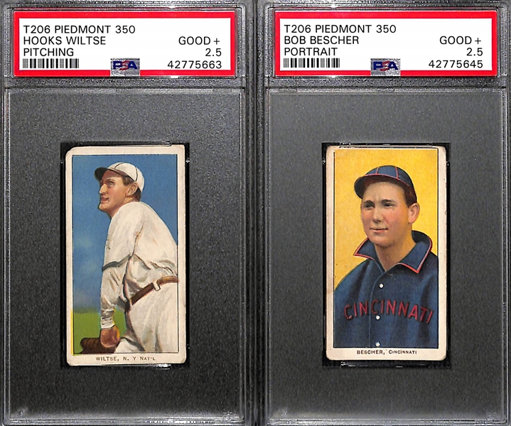 Lot of 2 1909 T206 Cards PSA 2.5 - Hooks Wiltse Piedmont (Pitching) and Bob Bescher Piedmont (Portrait)