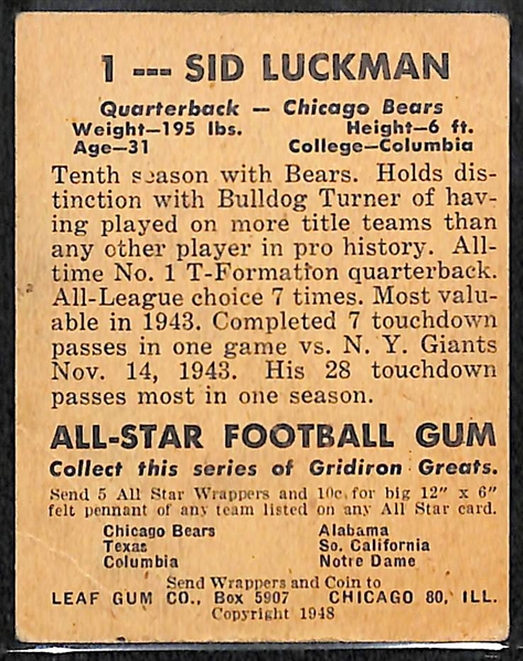1948 Leaf Sid Luckman Rookie Card