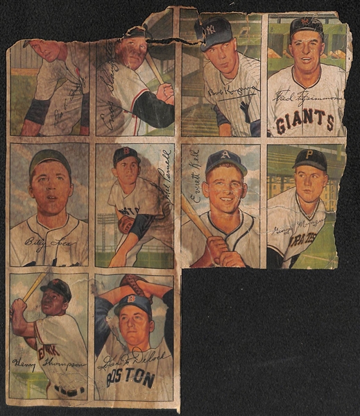 Very Rare 1952 Bowman Baseball Card Uncut Sheet Section (10 cards shown)