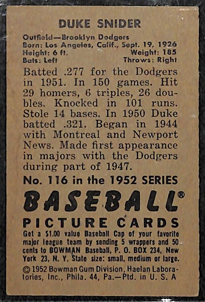 Duke Snider Signed 1952 Bowman Baseball Card  - JSA Auction Letter