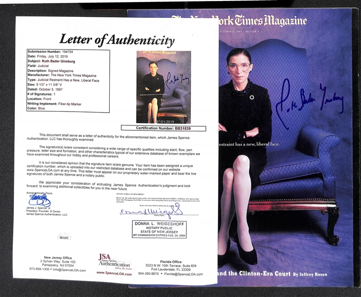 Ruth Bader Ginsburg Signed New York Times Magazine - JSA