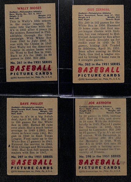 Lot of 4 1951 Bowman Baseball High Number Cards w. Wally Moses