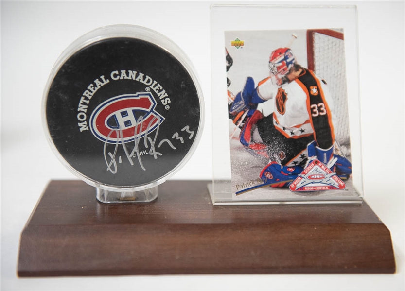 Lot of 2 Patrick Roy Signed Hockey Puck Displays  - JSA Auction Letter