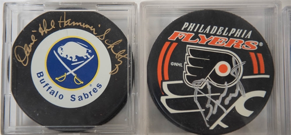 Lot of 6 Philadelphia Flyers Signed Hockey Pucks w. Bernie Parent  - JSA Auction Letter