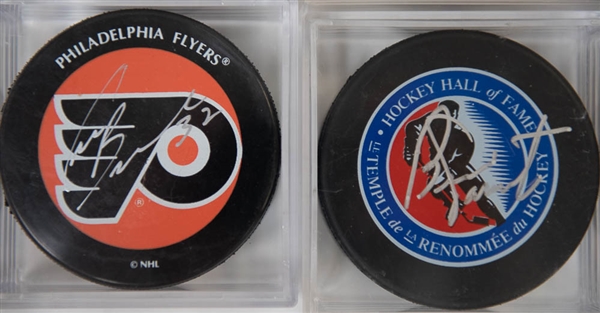 Lot of 6 Philadelphia Flyers Signed Hockey Pucks w. Bernie Parent  - JSA Auction Letter