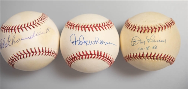 Lot of (3) Signed Baseballs (Red Schoendienst, Hal Newhouser, and Don Larsen w 10--8-56 Inscription)  - JSA Auction Letter