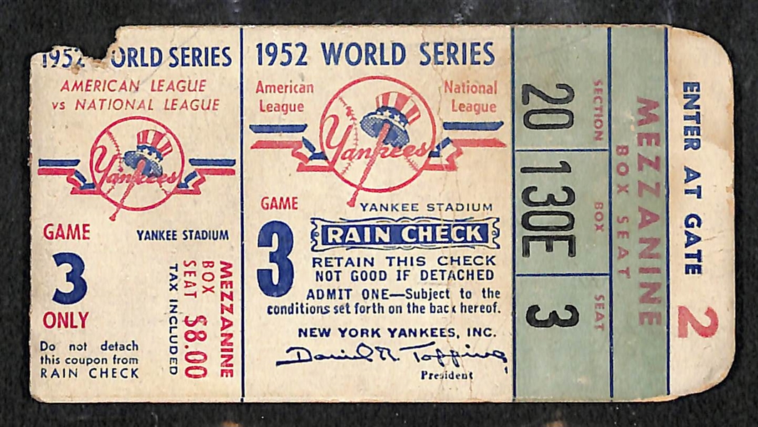 1952 World Series Game 3 Ticket (Yankees Beat the Dodgers in 7 Games) - Slightly Torn