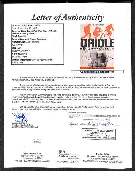1964 Orioles Signed Scorebook w. Dizzy Dean & Pee Wee Reese - JSA
