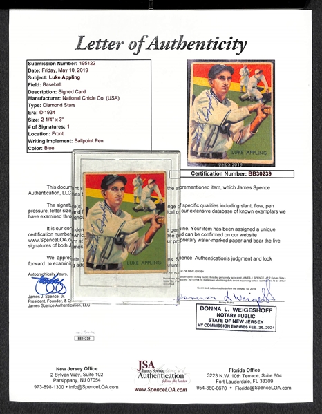 1934 Luke Appling Signed National Chicle Baseball Card w/ JSA LOA