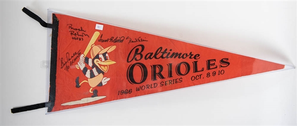 1966 Baltimore Orioles World Series Pennant Signed by 4 (B. Robinson, F. Robinson, Paul Blair, and Boog Powell) - JSA COA