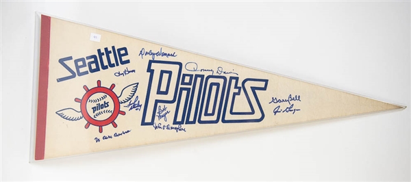 RARE 1969 Seattle Pilots Baseball Team Pennant Signed by (9) w. Mike Marshall & Tommy Davis- JSA COA