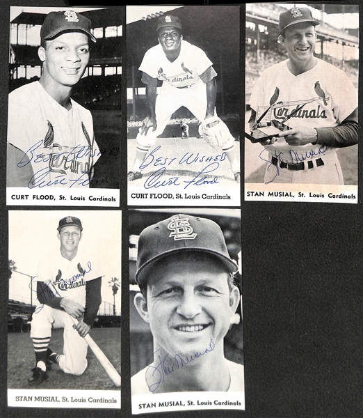 Lot of (5) St. Louis Cardinals Signed 1962-1963 Photo Cards - (3) Musial and (2) Flood - JSA Auction Letter