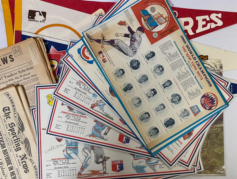 Baseball Memorabilia Lot Inc. Records (1966 w/ Ty Cobb Cover, 1967 Red Sox Cover, Place Mats w/ IHOP 1969 Mets), 1960s Newspapers