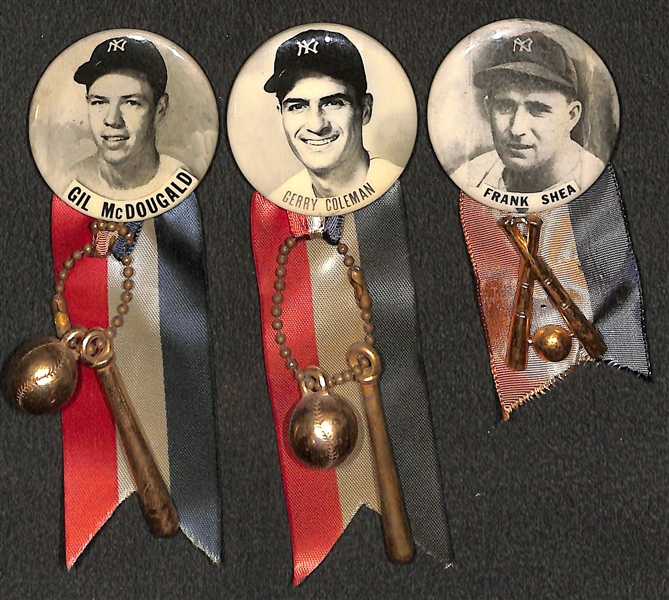 Lot of (3) 1950s PM10 NY Yankees Stadium Pins (McDougald, Coleman, Shea) w/ Ribbons and Charms