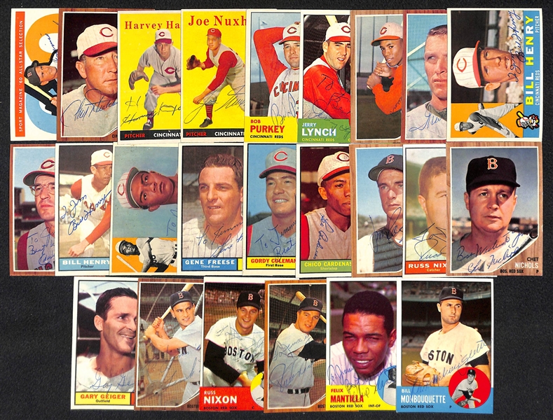 Lot of (24) Reds and Red Sox Signed Vintage (1958-63) Cards (Inc. Haddix, Nuxhall, Purkey, Cardenas, RARE Fred Hutchinson, Nixon, Malzone,+)