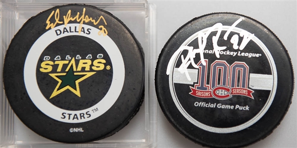 Lot of (2) Signed Hockey Pucks (Patrick Roy and Ed Belfour)  - JSA Auction Letter