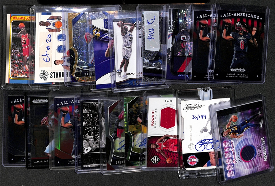 Lot of 18 Football & Basketball Autograph/Relic/Rookie/Base Cards w. Michael Jordan & Jeremy Lin