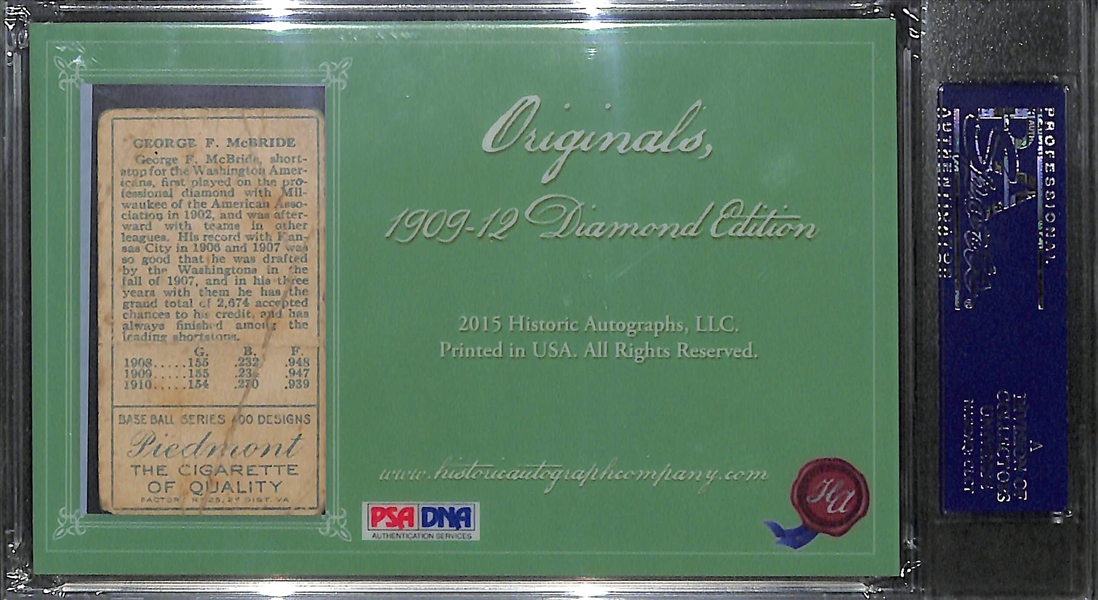2015 Historic Autographs George McBride Cut Autograph & T205 Piedmont Card PSA Authentic