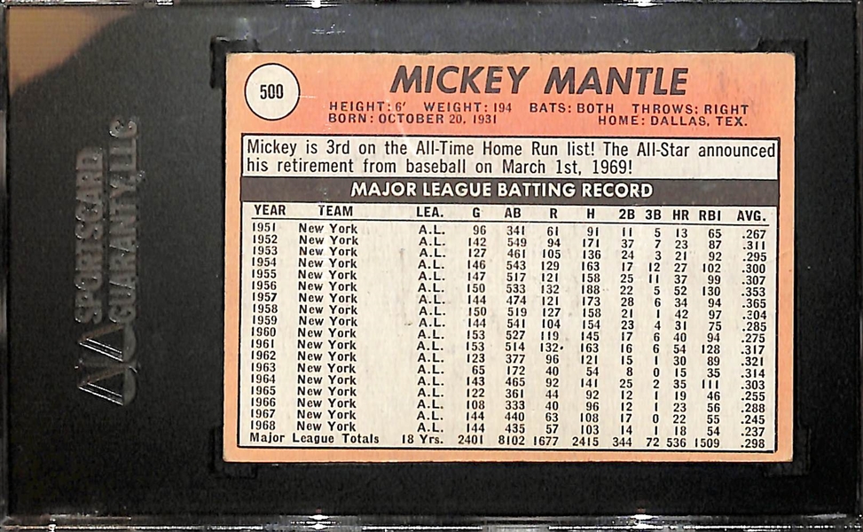 1969 Topps #500 Mickey Mantle Card SGC 4.5