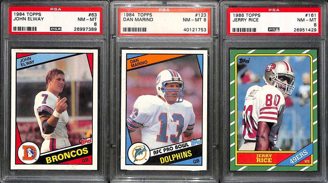 Lot of 3 PSA 8 Graded Rookie Cards - Elway/Marino/Rice