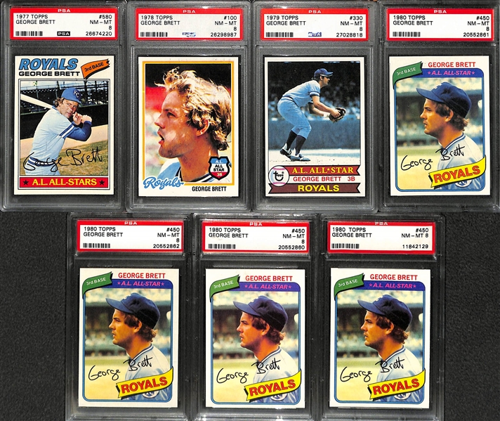 Lot of 7 George Brett PSA 8 Graded Cards 1977-1980