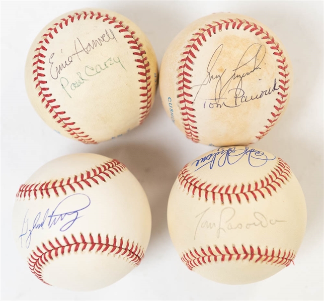 Lot of (4) Dual-Signed Baseballs inc. Ernie Hartwell/Paul Carey; Lasorda/Johnstone; G. Perry/Chambers, Luzinski/Paciorek - JSA Auction Letter