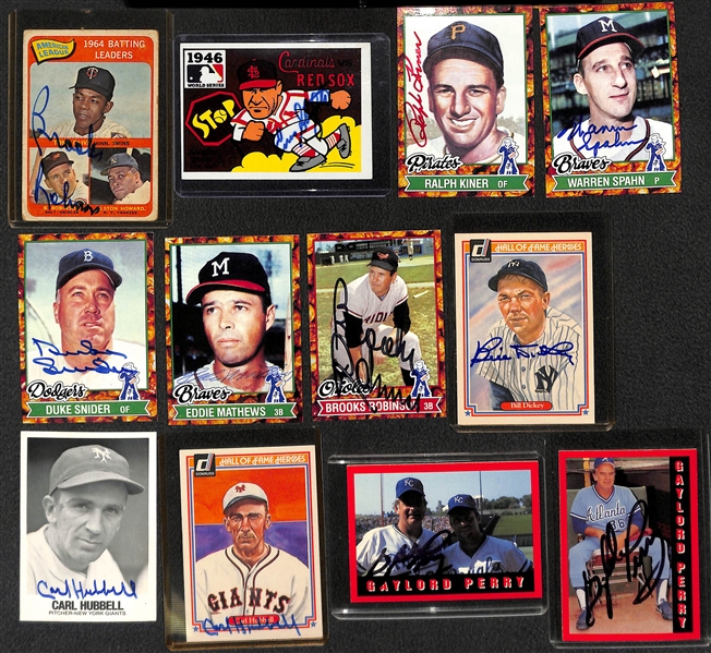 Lot of (12) Signed Hall of Famer Cards w/ Hubbell (2), Dickey, Mathews, Spahn, Snider, Kiner, Slaughter, B. Robinson (2), G. Perry (2) - JSA Auction Letter
