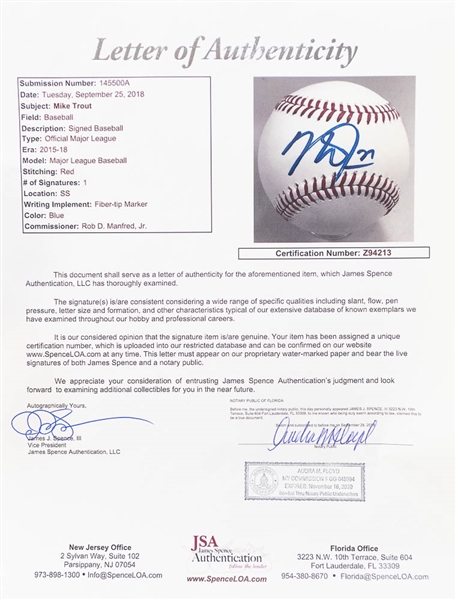 Mike Trout Signed Official MLB Baseball - JSA LOA