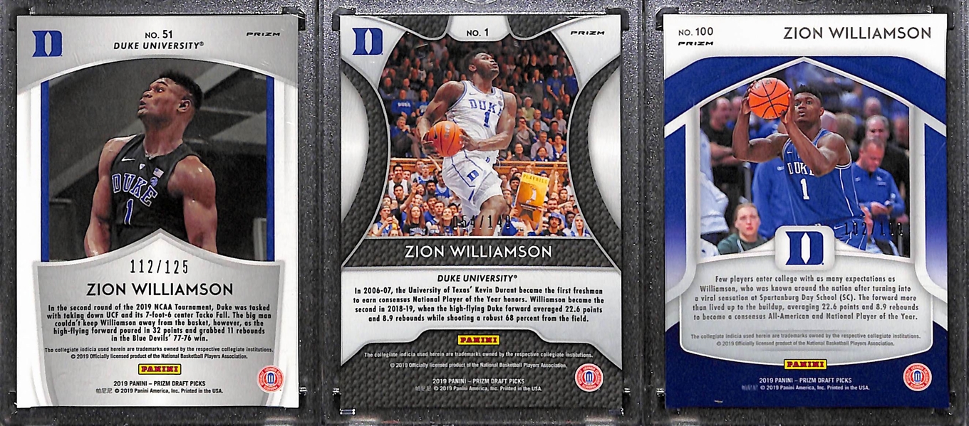 Lot of 3 Zion Williamson Numbered 2019-20 Prizm Draft Refractor Rookie Cards